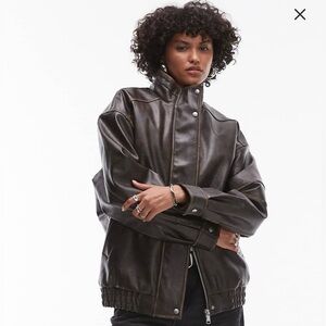 TopShop Oversized Leather Bomber Jacket - Brown
